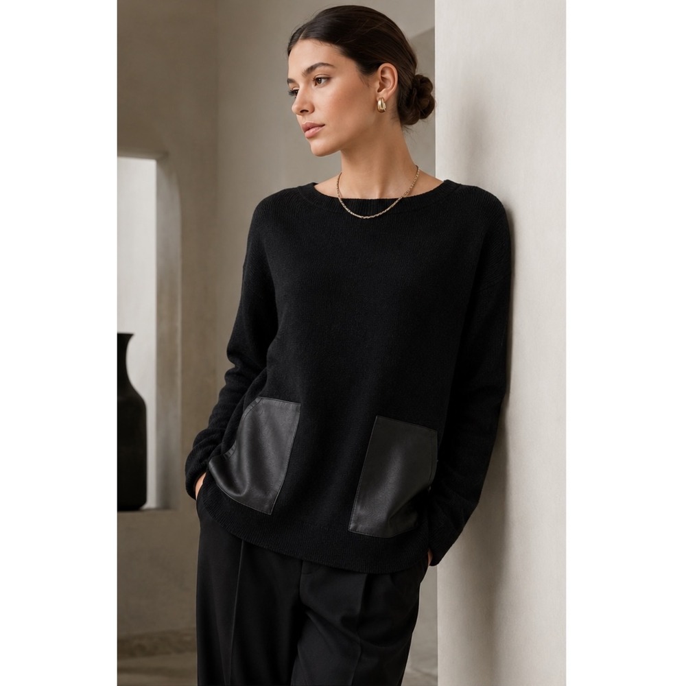J. Crew Merino Wool‎ Sweater Black Leather Patch Pockets Small Quiet Luxury